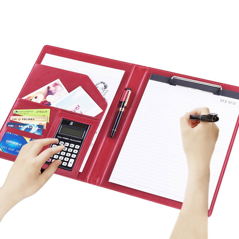 ELECTROPRIME Office Supplies Business Style Leather Document Folder with 30-pages A4 Note Pad & Calculator (Red)
