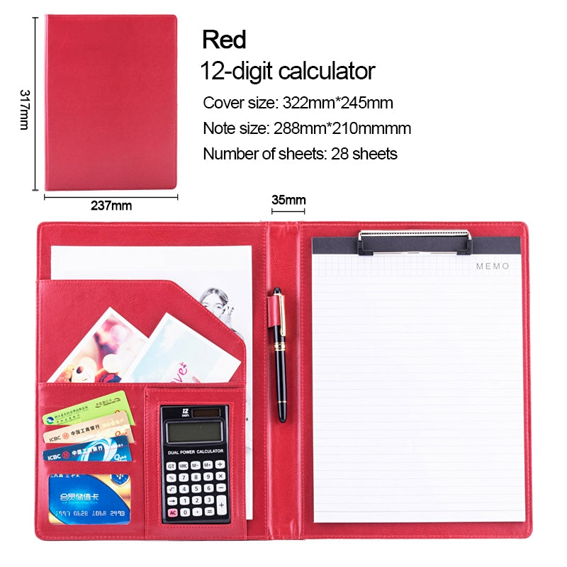 ELECTROPRIME Office Supplies Business Style Leather Document Folder with 30-pages A4 Note Pad & Calculator (Red)
