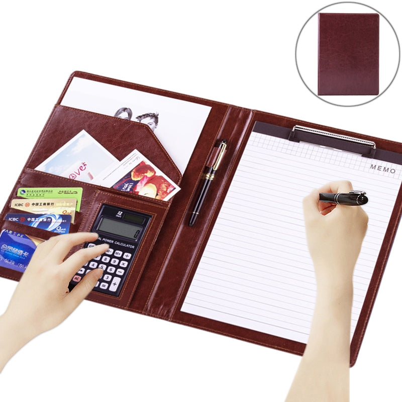 ELECTROPRIME Office Supplies Business Style Leather Document Folder with 30-pages A4 Note Pad & Calculator (Dark Brown)