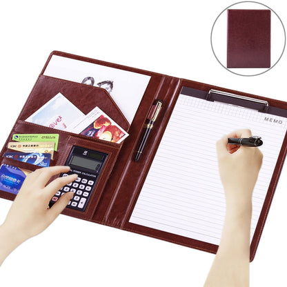 ELECTROPRIME Office Supplies Business Style Leather Document Folder with 30-pages A4 Note Pad & Calculator (Dark Brown)