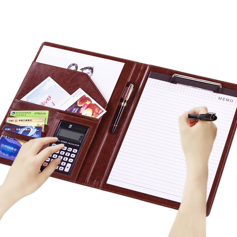 ELECTROPRIME Office Supplies Business Style Leather Document Folder with 30-pages A4 Note Pad & Calculator (Dark Brown)