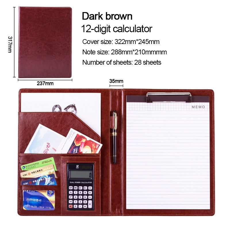 ELECTROPRIME Office Supplies Business Style Leather Document Folder with 30-pages A4 Note Pad & Calculator (Dark Brown)