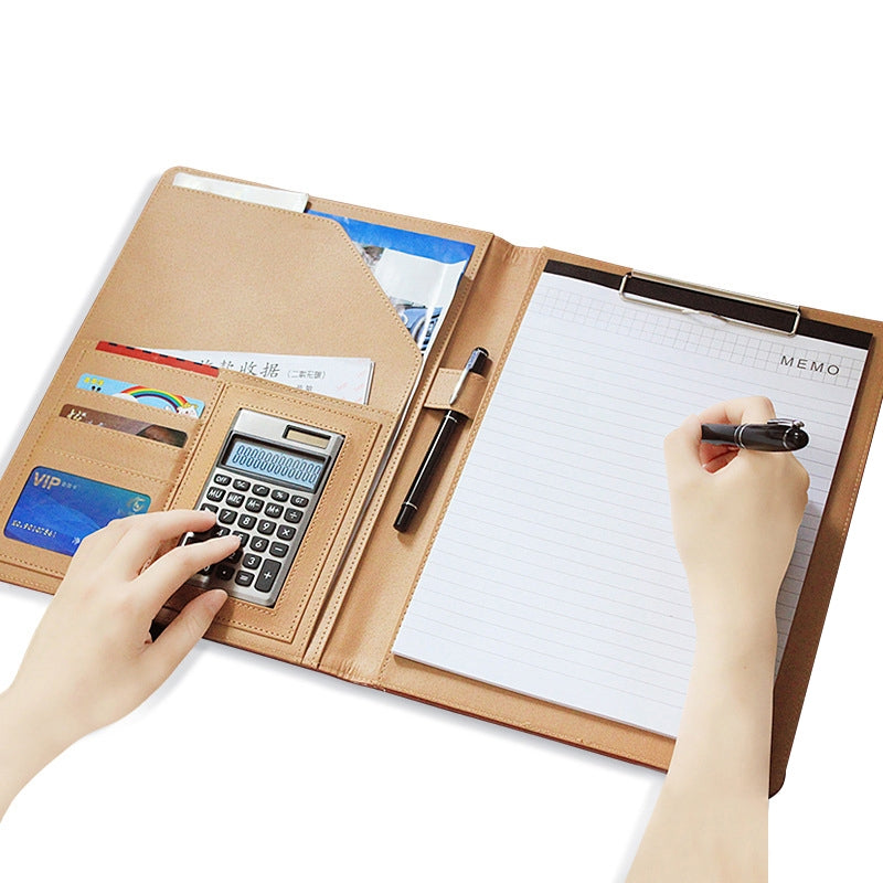 ELECTROPRIME Office Supplies Business Style Leather Document Folder with 30-pages A4 Note Pad & Calculator(Brown)
