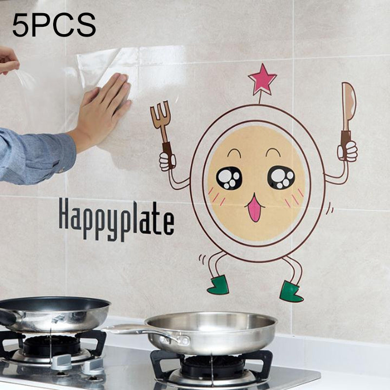 ELECTROPRIME 5 PCS Funny Plate Pattern Household Kitchen Self-adhesive High Temperature Resistance Oil Resistant Wall Stickers Size: 60x90cm