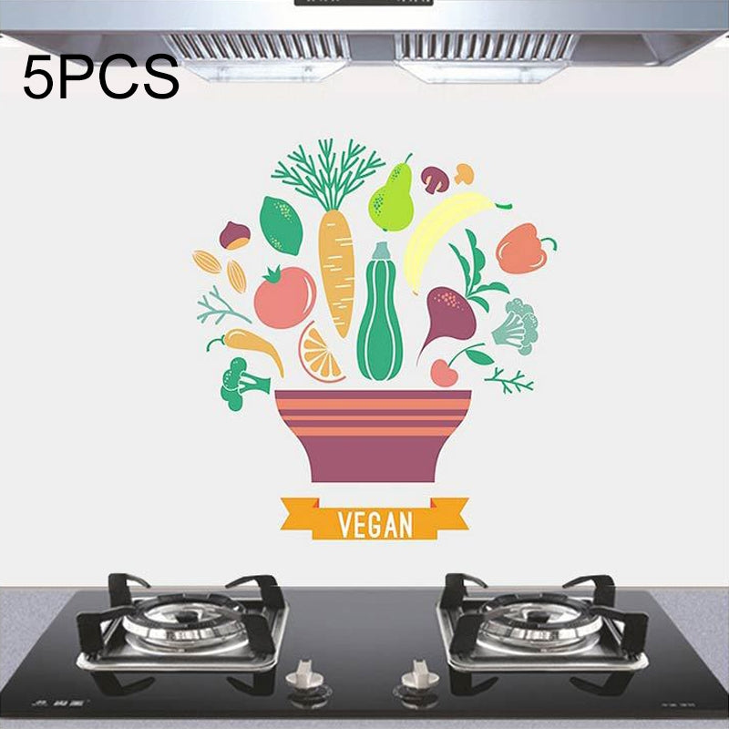 ELECTROPRIME 5 PCS Fruit Vegetable Pattern Household Kitchen Self-adhesive High Temperature Resistance Oil Resistant Wall Stickers Size: 60x90cm