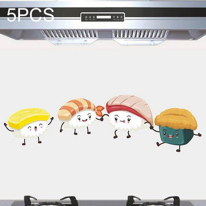 ELECTROPRIME 5 PCS Cute Sushi Pattern Household Kitchen Self-adhesive High Temperature Resistance Oil Resistant Wall Stickers Size: 60x90cm