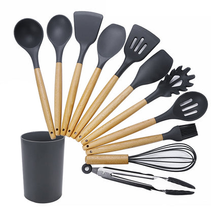 ELECTROPRIME kn020 11 in 1 Wooden Handle Silicone Non-stick Spatula Spoon Kitchen Tool + Bucket Set