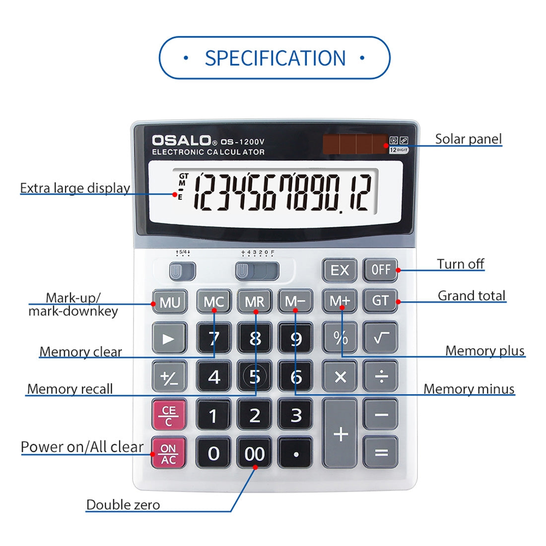 ELECTROPRIME OSALO OS-1200V 12 Digits Desktop Calculator Solar Energy Dual Power Calculator