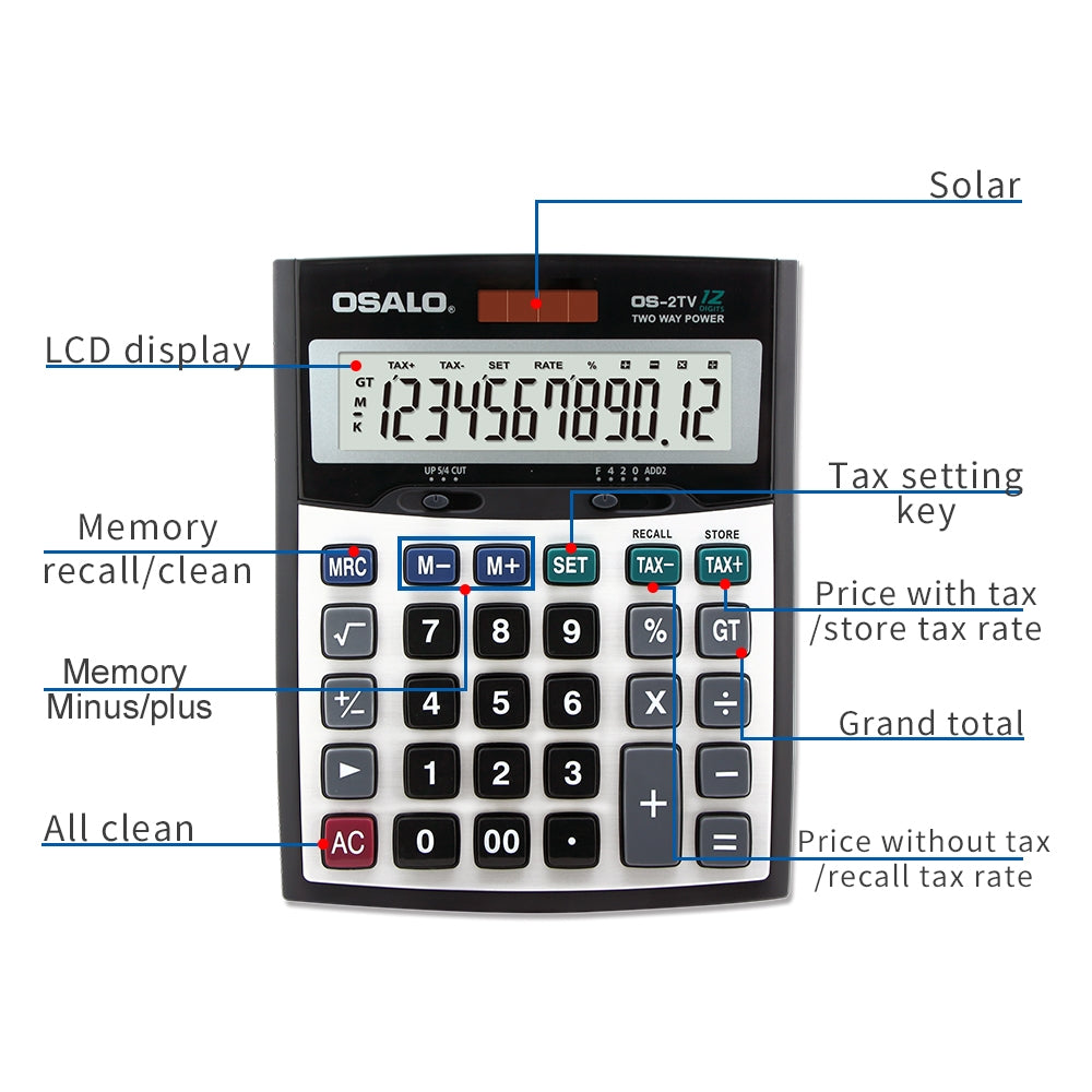 ELECTROPRIME OSALO OS-2TV 12 Digits Desktop Tax Rate Calculator Solar Energy Dual Power Calculator