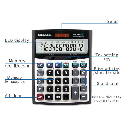 ELECTROPRIME OSALO OS-2TV 12 Digits Desktop Tax Rate Calculator Solar Energy Dual Power Calculator