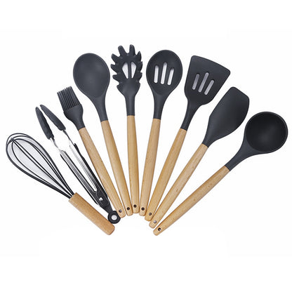 ELECTROPRIME kn020 9 in 1 B Version Wooden Handle Silicone Non-stick Spatula Spoon Kitchen Tool Set
