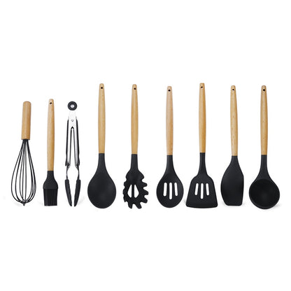 ELECTROPRIME kn020 9 in 1 B Version Wooden Handle Silicone Non-stick Spatula Spoon Kitchen Tool Set