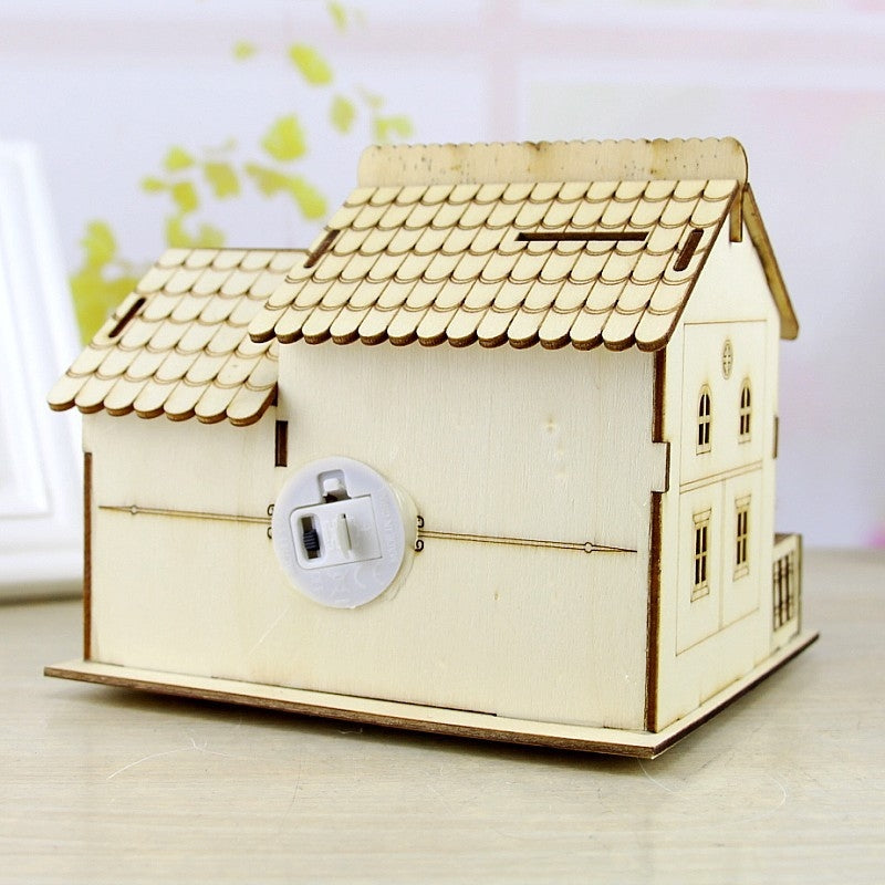 ELECTROPRIME Creative Wooden Night Light Villa Money Coin Storage Box, Random Pattern Delivery