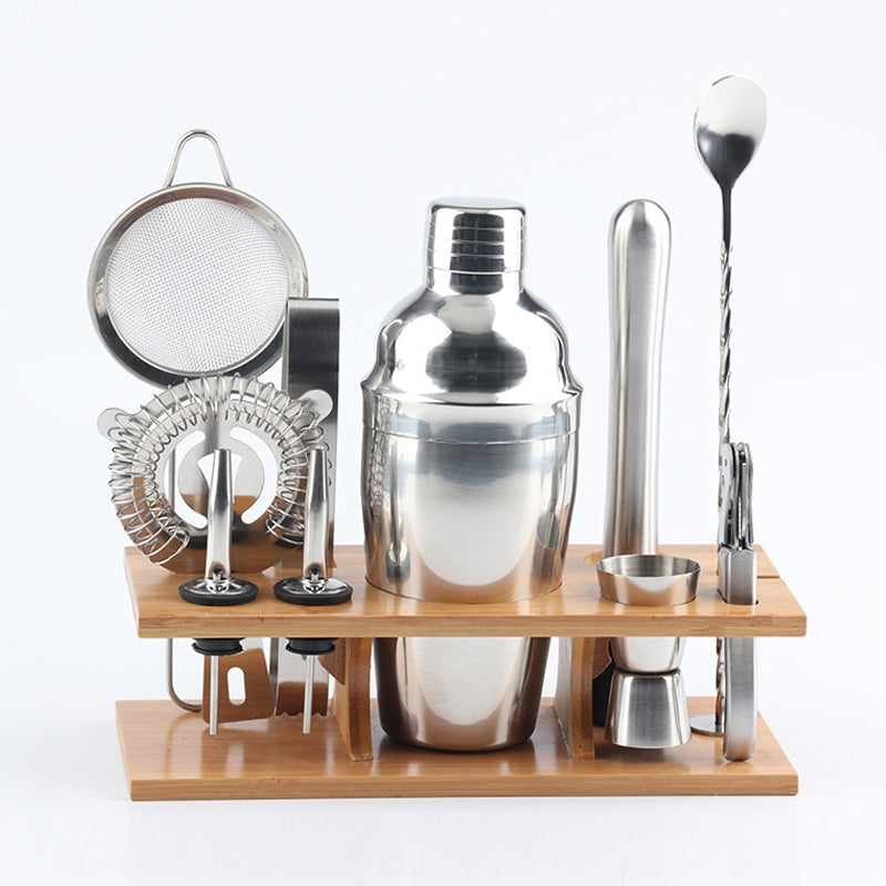 ELECTROPRIME 11 in 1 Stainless Steel Cocktail Shaker Tools Set with Wooden Mount, Capacity: 550ml