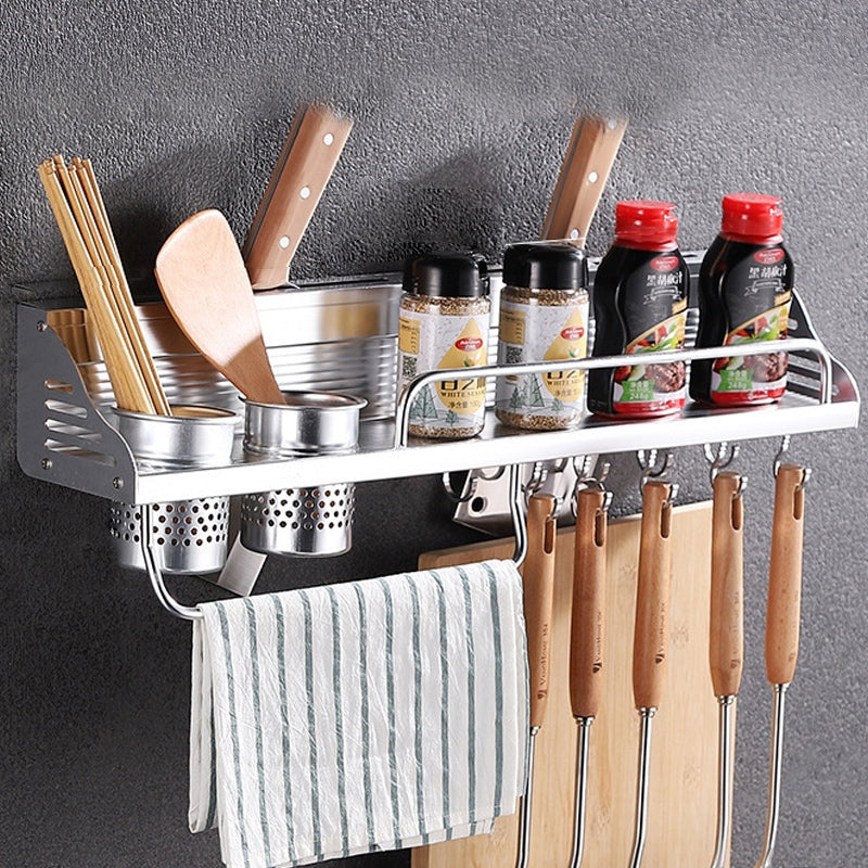 ELECTROPRIME 60cm 2 Cups 10 Hooks Multi-function Kitchen Punching Wall-mounted Aluminum Edge Condiment Holder Storage Rack