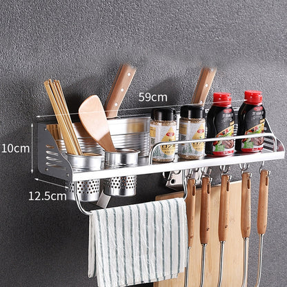 ELECTROPRIME 60cm 2 Cups 10 Hooks Multi-function Kitchen Punching Wall-mounted Aluminum Edge Condiment Holder Storage Rack