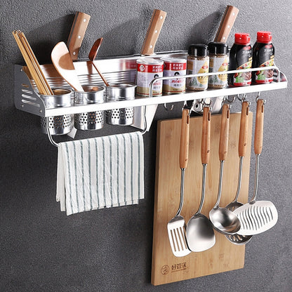 ELECTROPRIME 80cm 3 Cups 10 Hooks Multi-function Kitchen Punching Wall-mounted Aluminum Edge Condiment Holder Storage Rack