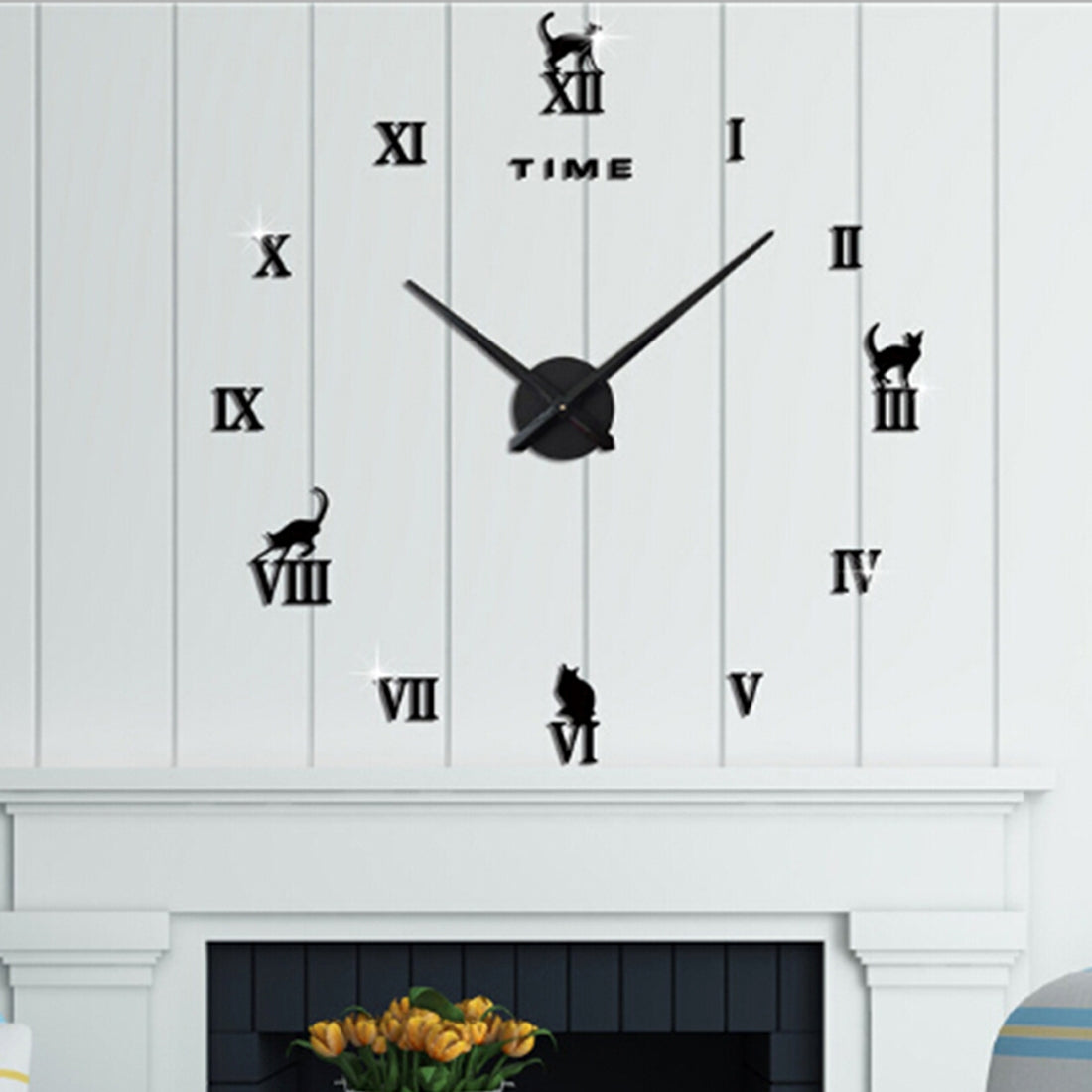 ELECTROPRIME Home Office Decor Frameless Cat Shape Large Size DIY 3D Mirror Surface Wall Stickers Mute Clock, Size: 100*100cm(Black)