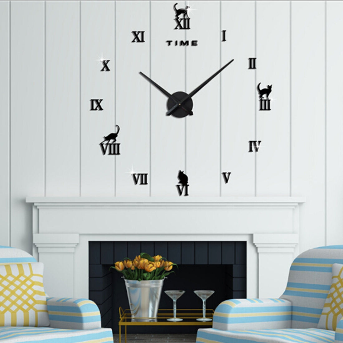 ELECTROPRIME Home Office Decor Frameless Cat Shape Large Size DIY 3D Mirror Surface Wall Stickers Mute Clock, Size: 100*100cm(Black)