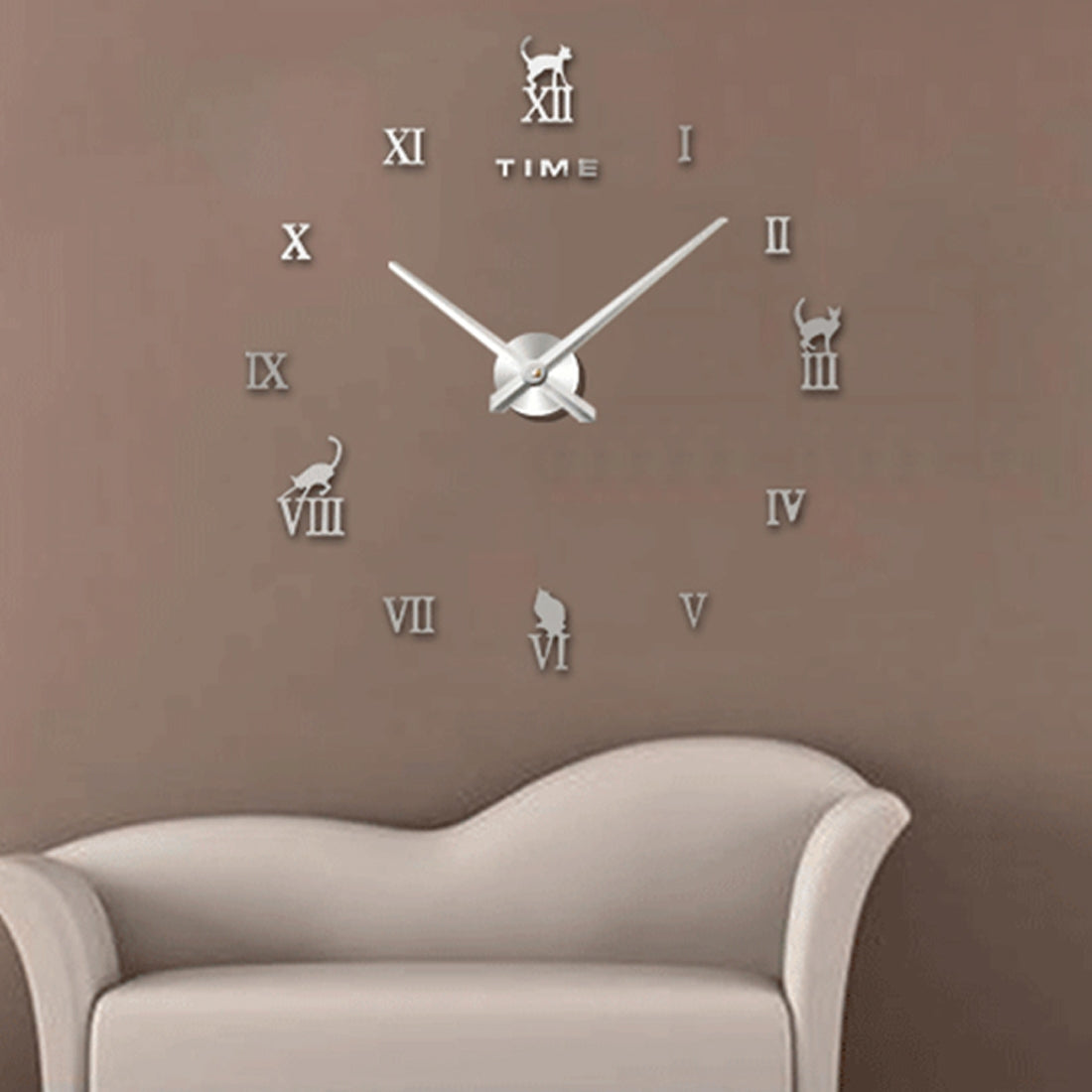 ELECTROPRIME Home Office Decor Frameless Cat Shape Large Size DIY 3D Mirror Surface Wall Stickers Mute Clock, Size: 100*100cm(Silver)