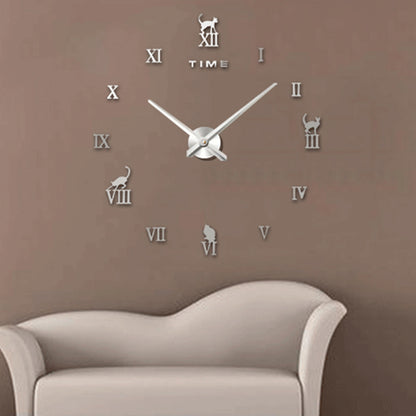 ELECTROPRIME Home Office Decor Frameless Cat Shape Large Size DIY 3D Mirror Surface Wall Stickers Mute Clock, Size: 100*100cm(Silver)