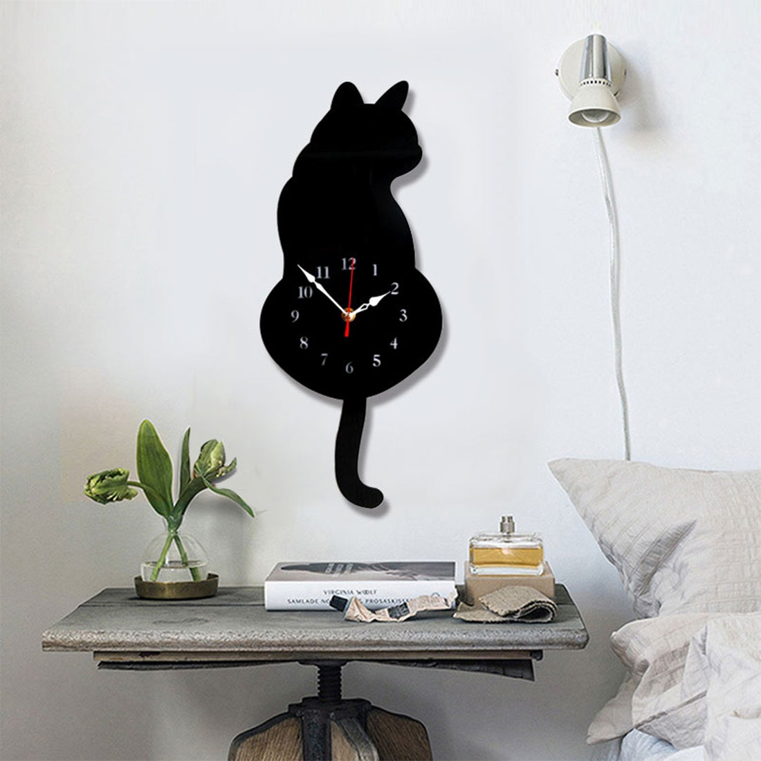 ELECTROPRIME 42x18cm Home Office Bedroom Decoration Battery Operated Cat Shaped Wall Clock with Swinging Tails(Black)