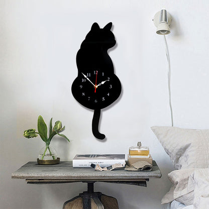 ELECTROPRIME 42x18cm Home Office Bedroom Decoration Battery Operated Cat Shaped Wall Clock with Swinging Tails(Black)