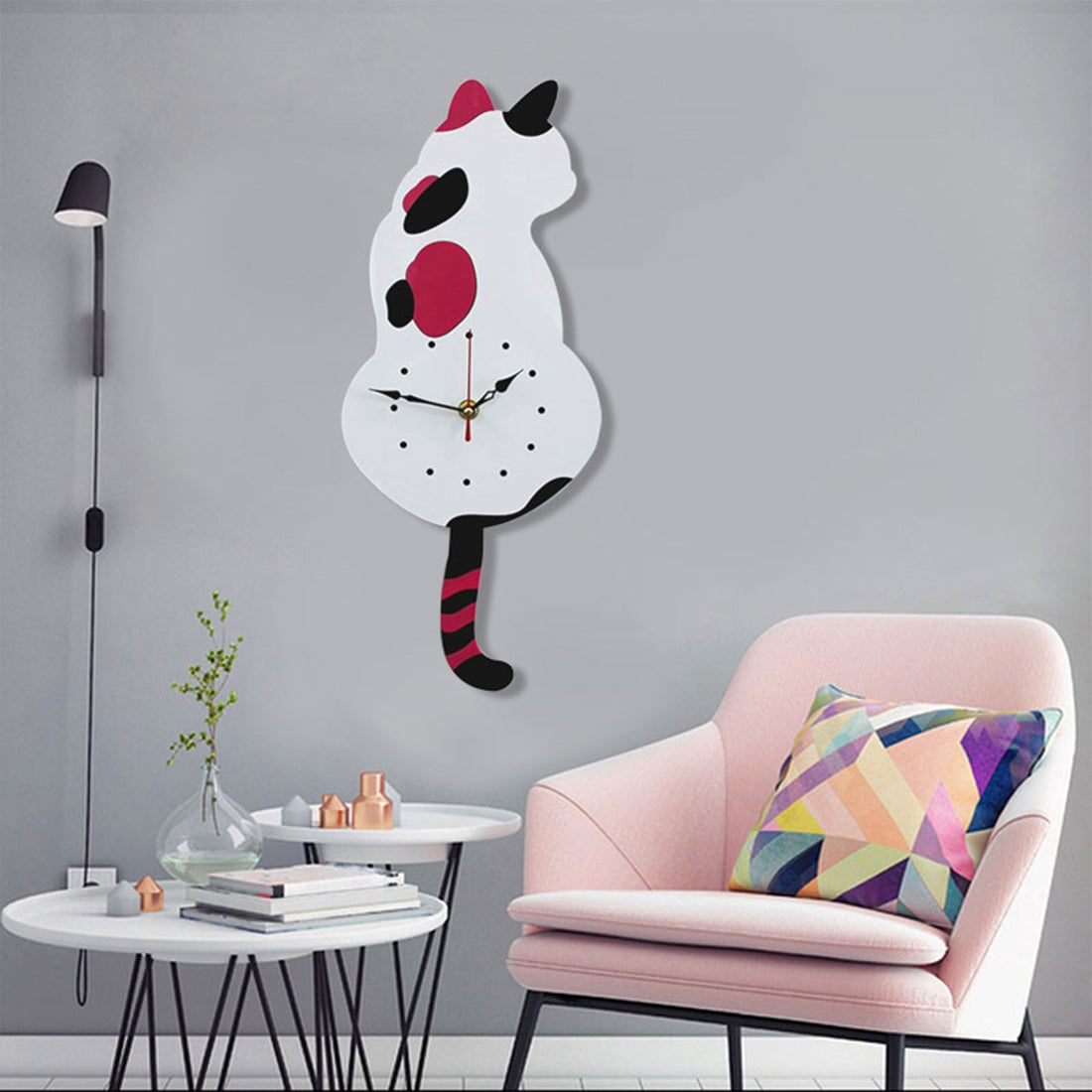 ELECTROPRIME 42x18cm Home Office Bedroom Decoration Battery Operated Cat Shaped Wall Clock with Swinging Tails(White)