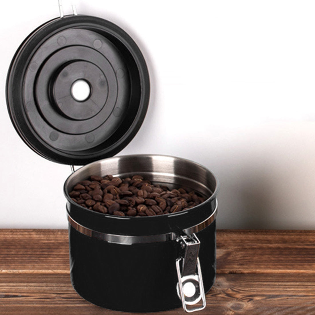 ELECTROPRIME 1200ml Stainless Steel Sealed Food Coffee Grounds Bean Storage Container with Built-in CO2 Gas Vent Valve & Calendar (Black)