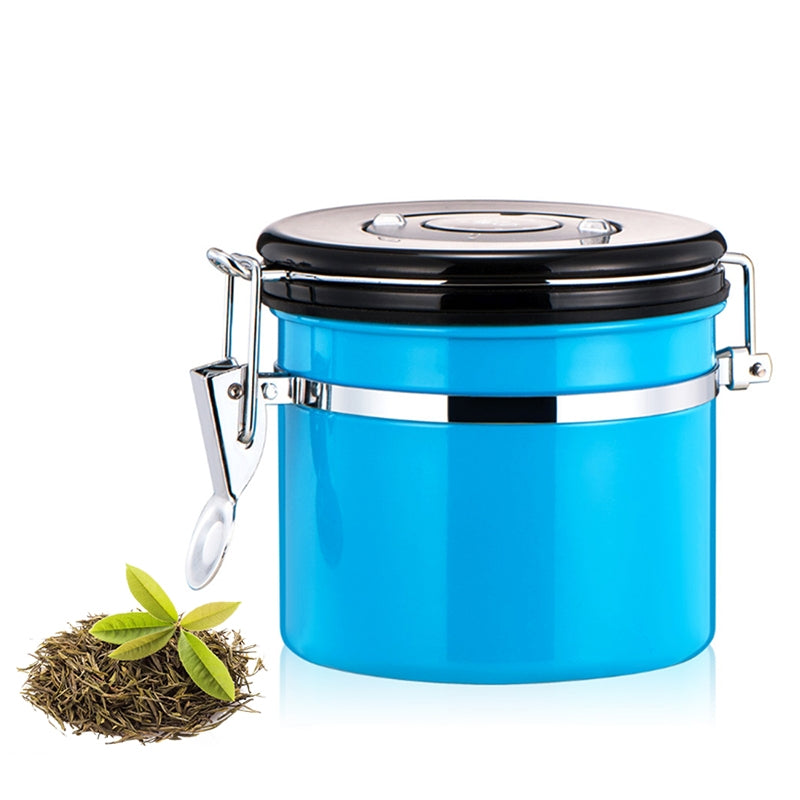 ELECTROPRIME 1200ml Stainless Steel Sealed Food Coffee Grounds Bean Storage Container with Built-in CO2 Gas Vent Valve & Calendar (Blue)