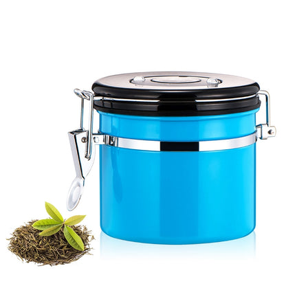 ELECTROPRIME 1200ml Stainless Steel Sealed Food Coffee Grounds Bean Storage Container with Built-in CO2 Gas Vent Valve & Calendar (Blue)