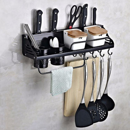 ELECTROPRIME A Version 50cm 2 Cup 8 Hooks Kitchen Multi-function Wall-mounted Condiment Holder Storage Rack(Black)