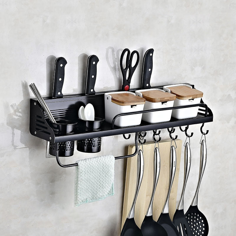 ELECTROPRIME A Version 60cm 2 Cup 10 Hooks Kitchen Multi-function Wall-mounted Condiment Holder Storage Rack (Black)