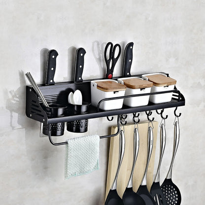 ELECTROPRIME A Version 60cm 2 Cup 10 Hooks Kitchen Multi-function Wall-mounted Condiment Holder Storage Rack (Black)
