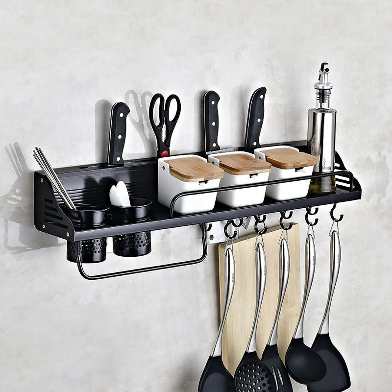 ELECTROPRIME A Version 70cm 2 Cups  10 Hooks Kitchen Multi-function Wall-mounted Condiment Holder Storage Rack (Black)
