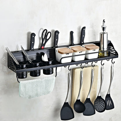 ELECTROPRIME A Version 80cm 3 Cups 10 Hooks Kitchen Multi-function Wall-mounted Condiment Holder Storage Rack (Black)