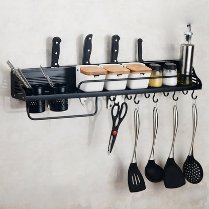 ELECTROPRIME A Version 80cm 2 Cups 10 Hooks Kitchen Multi-function Wall-mounted Condiment Holder Storage Rack (Black)