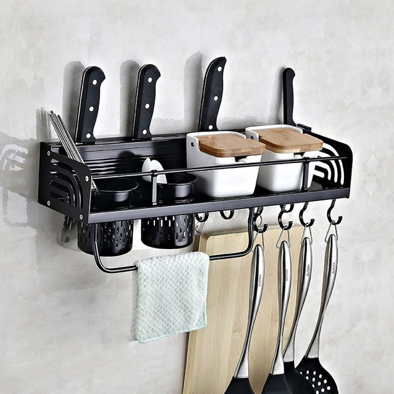 ELECTROPRIME B Version 50cm 2 Cups 10 Hooks Kitchen Multi-function Wall-mounted Condiment Holder Storage Rack (Black)