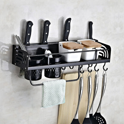 ELECTROPRIME B Version 50cm 2 Cups 10 Hooks Kitchen Multi-function Wall-mounted Condiment Holder Storage Rack (Black)