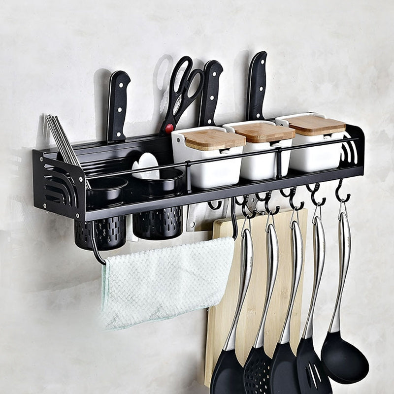 ELECTROPRIME B Version 60cm 2 Cups 8 Hooks Kitchen Multi-function Wall-mounted Condiment Holder Storage Rack (Black)