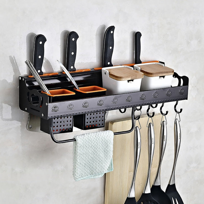 ELECTROPRIME C Version 50cm 2 Cups 10 Hooks Kitchen Multi-function Wall-mounted Condiment Holder Storage Rack (Black)