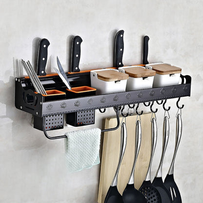 ELECTROPRIME C Version 60cm 2 Cups 10 Hooks Kitchen Multi-function Wall-mounted Condiment Holder Storage Rack (Black)