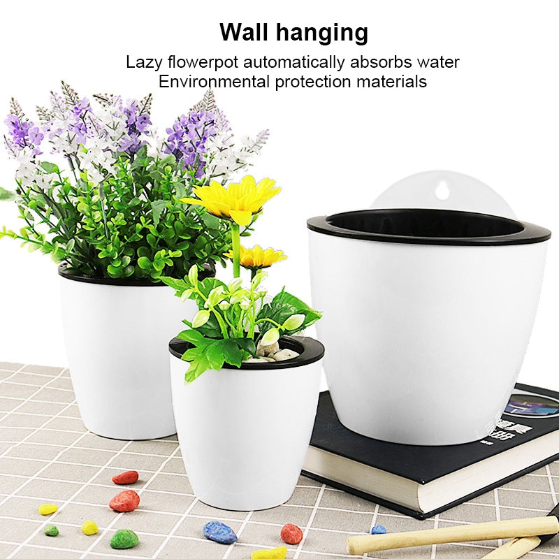 ELECTROPRIME Self-Watering Planter Grow Plants Lazy Flower Pots Wall-hanging Round Resin Plastic Flower Pots, Size: 18x12.5x16cm(White)
