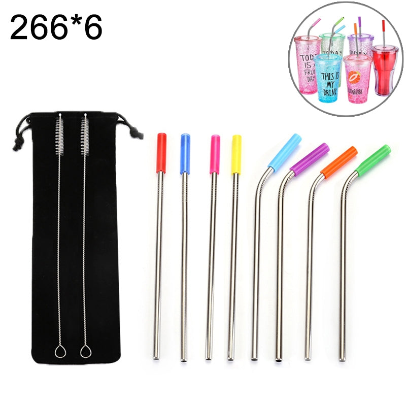 ELECTROPRIME 8 PCS Reusable Silicone Tips Stainless Steel Drinking Straws + 2 PCS Cleaner Brushes Set Kit with Cashmere Bag,  266*6mm