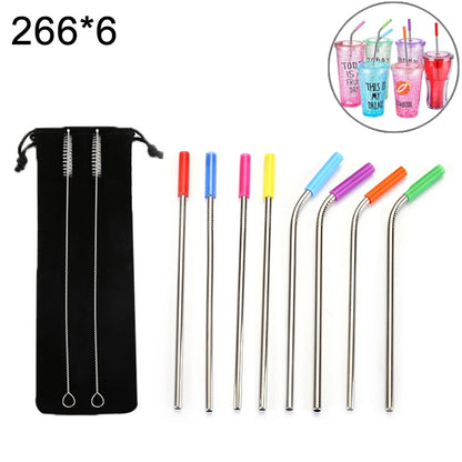 ELECTROPRIME 8 PCS Reusable Silicone Tips Stainless Steel Drinking Straws + 2 PCS Cleaner Brushes Set Kit with Cashmere Bag,  266*6mm