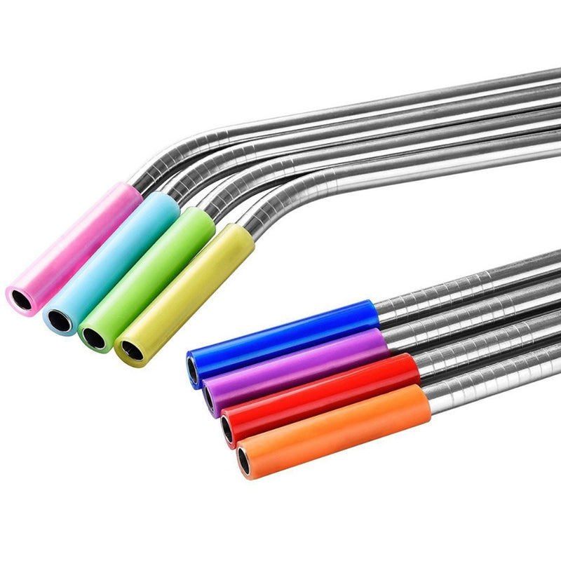 ELECTROPRIME 8 PCS Reusable Silicone Tips Stainless Steel Drinking Straws + 2 PCS Cleaner Brushes Set Kit with Cashmere Bag,  266*6mm