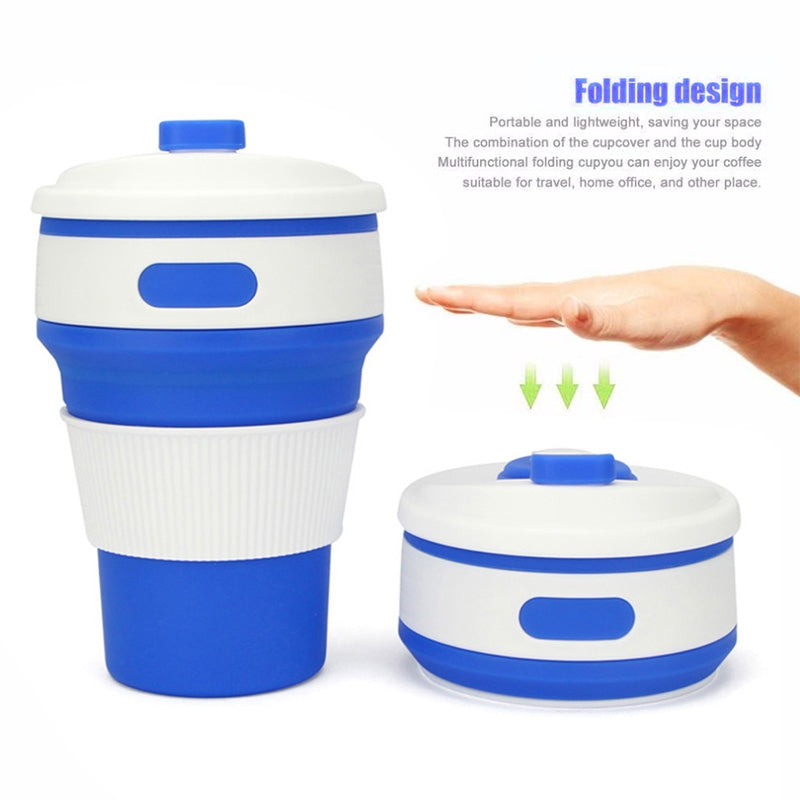 ELECTROPRIME 350ml Folding Portable Silicone Coffee Cup Multi-function Travel Cup (Dark Blue)