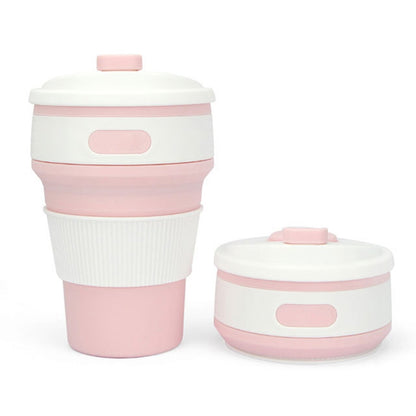 ELECTROPRIME 350ml Folding Portable Silicone Coffee Cup Multi-function Travel Cup (Pink)