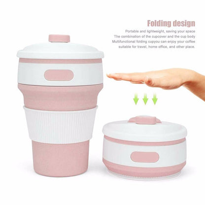 ELECTROPRIME 350ml Folding Portable Silicone Coffee Cup Multi-function Travel Cup (Pink)
