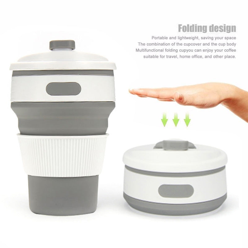 ELECTROPRIME 350ml Folding Portable Silicone Coffee Cup Multi-function Travel Cup (Grey)